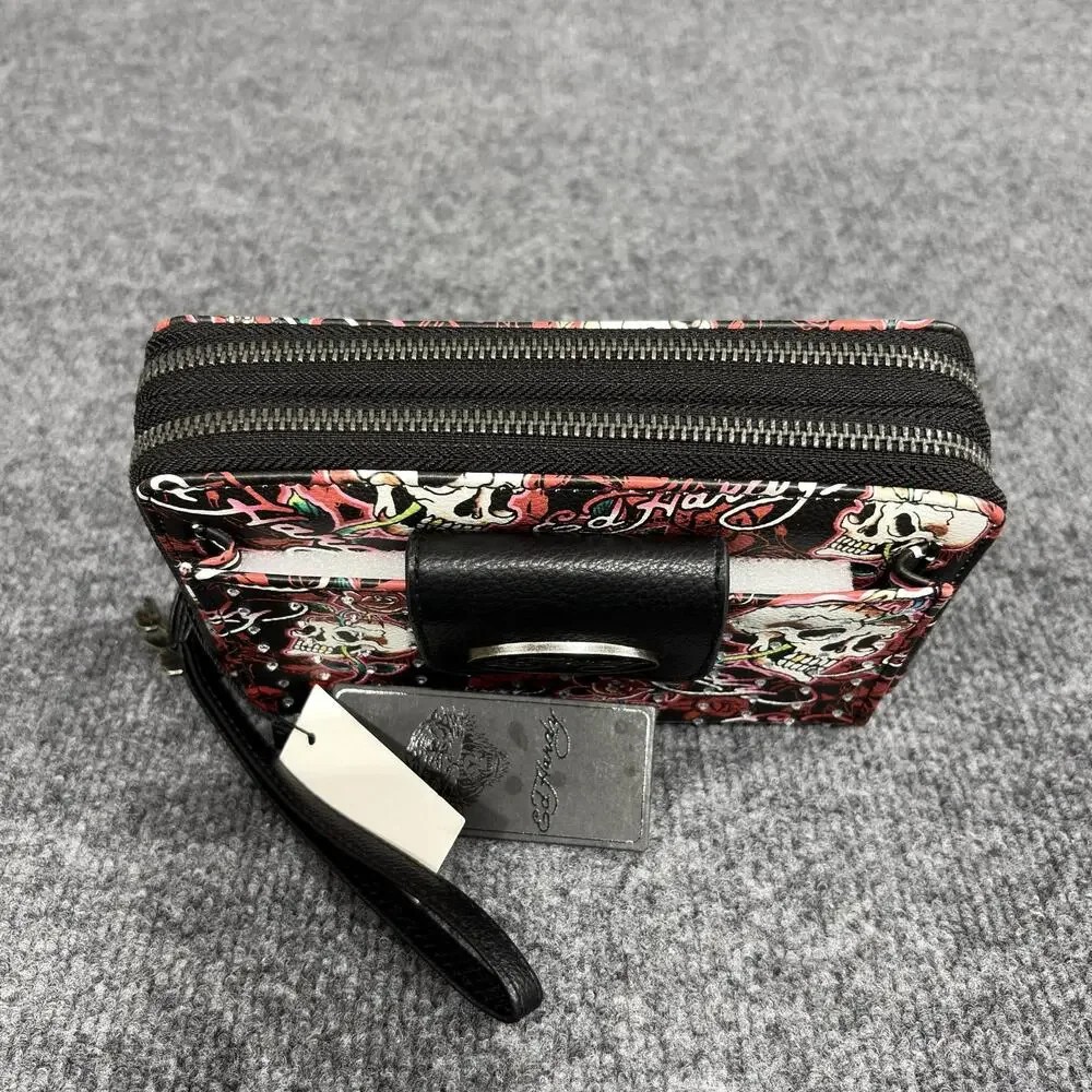 Ed Hardy Wallet Wristlet Womens One Size Black Skull Rose Tattoo Zip Around